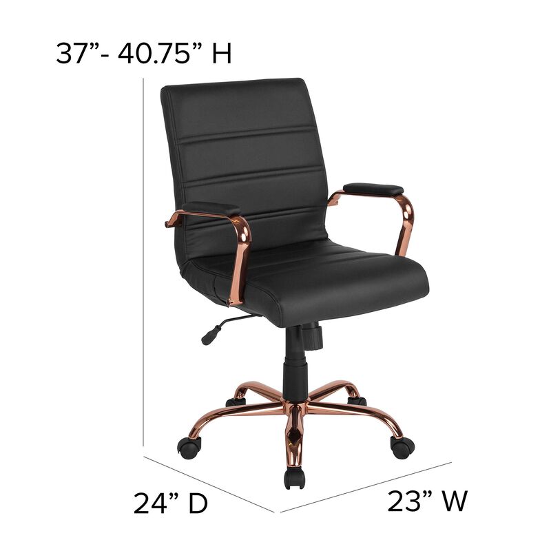 Flash Furniture Whitney Mid-Back Swivel LeatherSoft Desk Chair with Padded Seat and Armrests, Adjustable Height Padded LeatherSoft Office Chair, Black/Rose Gold image number 4