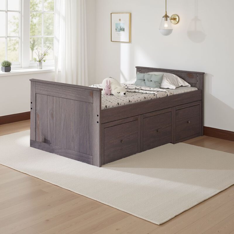 Mari Twin Captain Bed with Drawers, Rustic, Brazilian Pine, Wood, Gray - Benzara