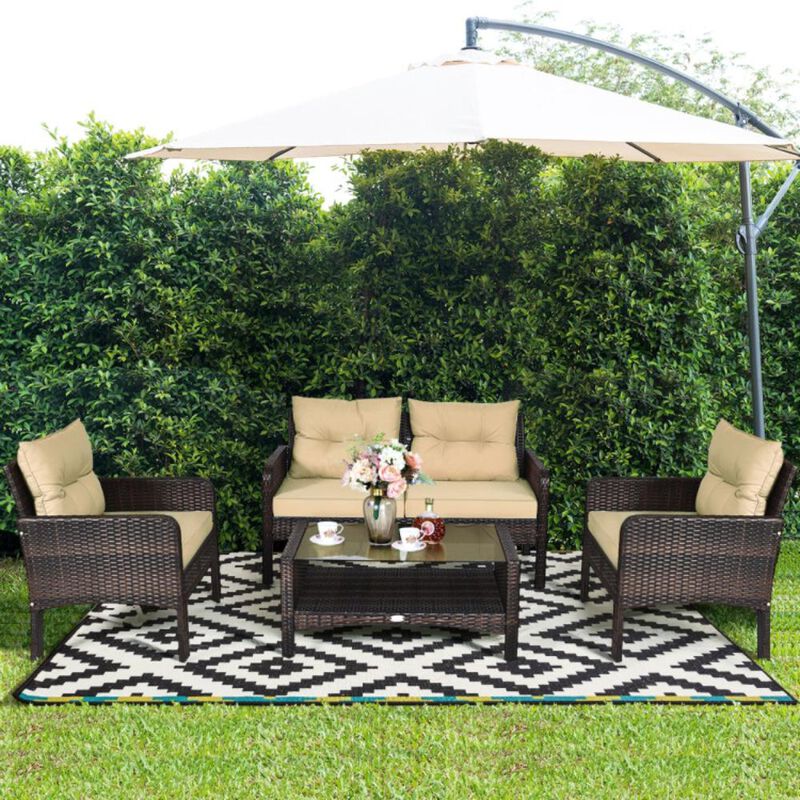 Hivvago 4 Pieces Patio Rattan Sofa Set Free-Combination with Cushion and Coffee Table