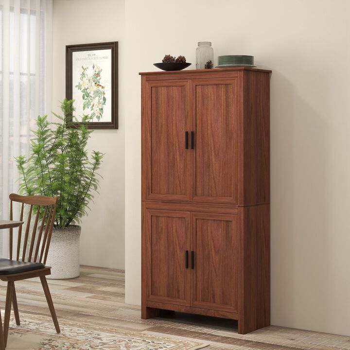 64" 4-Door Kitchen Pantry Storage Cabinet with 3 Adjustable Shelves, for Kitchen, Dining or Living Room, Brown