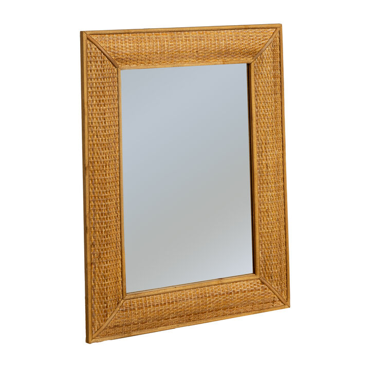 Rectangle Wood Framed Wall Mirror with Rattan Detail, Brown