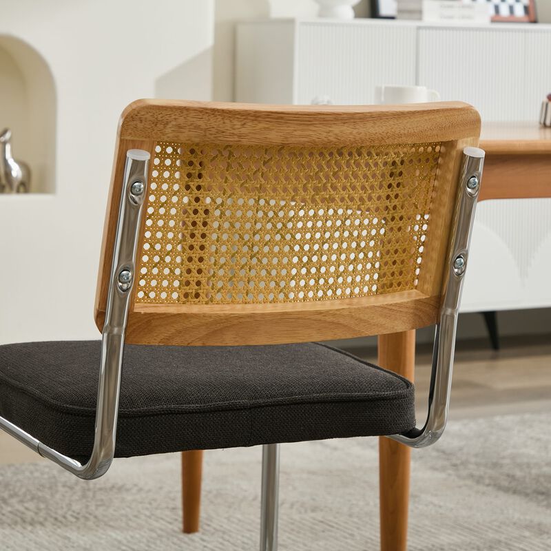 Whisen 2-Piece Mid Century Dining Chairs, Linen Upholstered with Cane Back & Chrome Base, Cantilever Design for Kitchen image number 8