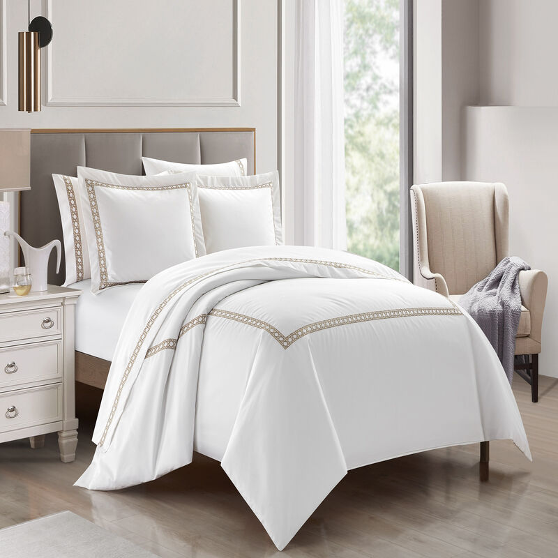 Chic Home Lewiston 3 Piece Cotton Blend Duvet Cover 1500 Thread Count Set Solid White With Embroidered Lattice Stitching Details Queen Taupe