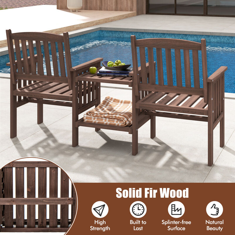 Outdoor Fir Wood Loveseat with 2-Tier Side Table and Umbrella Hole