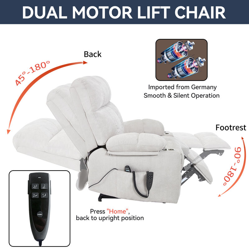 Dual Motor Infinite Position Chenille Power Lift Recliner Chair with Massage and Lumbar Heating