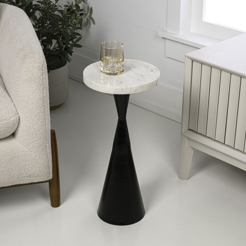 Ziggy 22" Contemporary Designer Metal Drink Table and Decorative End Table with White Marble Round Top and Cone Pedestal Base image number 1