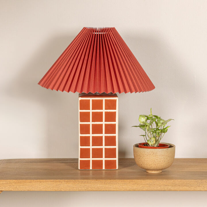 Red Ceramic Table Lamp with Pleated Shade