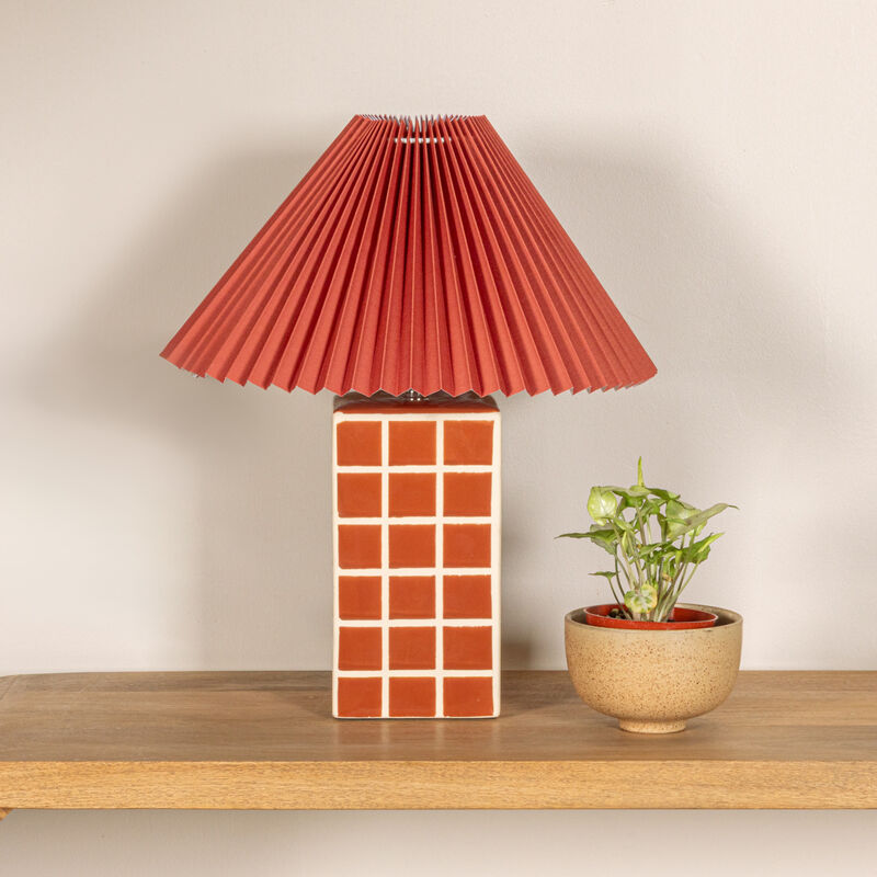 Red Ceramic Table Lamp with Pleated Shade image number 1