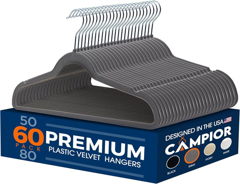 Premium Velvet Non-Slip Hangers for Clothes - Heavy Duty Coat Hanger Set with 360&deg; Swivel Hook, Lightweight, Luxurious Velvet Finish, Versatile Hangers for Any Closet, Pack of 60 - Grey