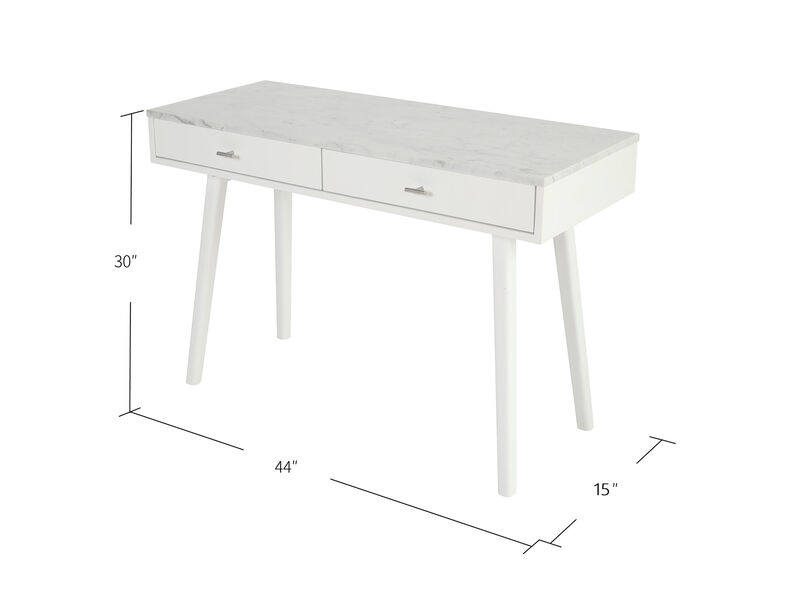 Viola 44"L x 15"W x 30"H Rectangular Italian Carrara White Marble Writing Desk with Oak Legs