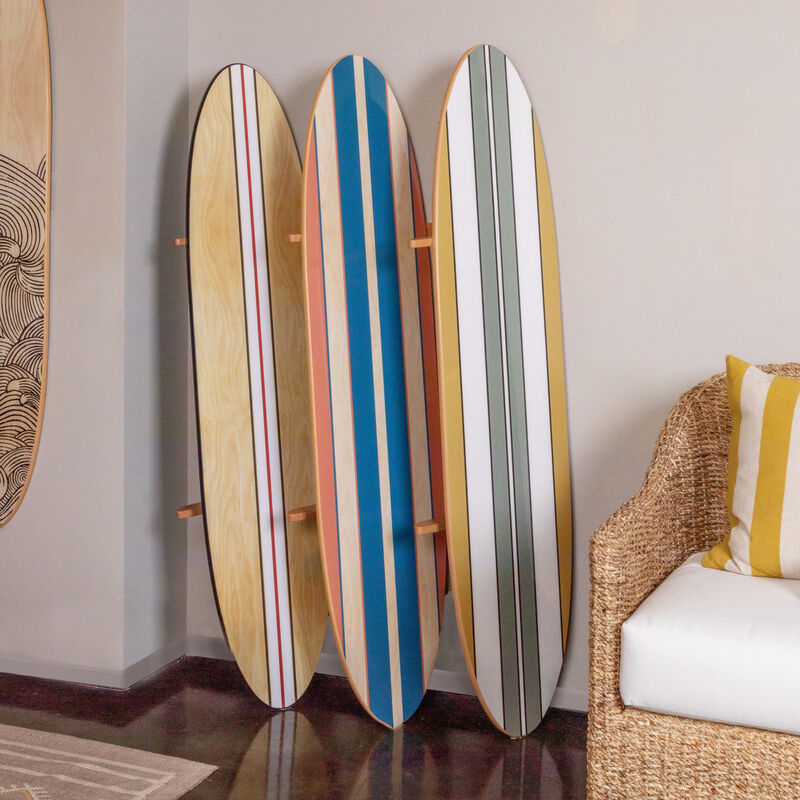 Coastal Decorative Surfboard Wall Decor for Living Room; Contemporary Red & Blue Stripes Overlaid On Natural Wood image number 1