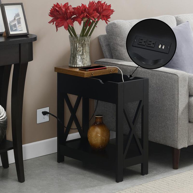 Convenience Concepts Oxford Flip Top End Table with Charging Station and Shelf, Brown
