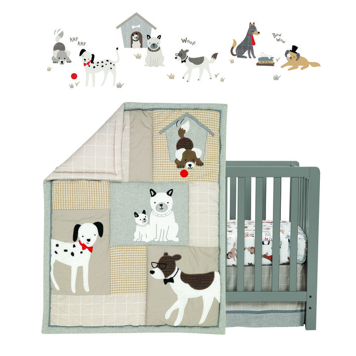 Lambs & Ivy Bow Wow Gray/Tan Dog/Puppy Nursery 4-Piece Baby Crib Bedding Set