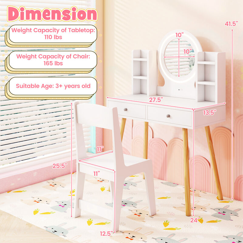 Kids Vanity Set with Lighted Mirror and Storage Drawers image number 3