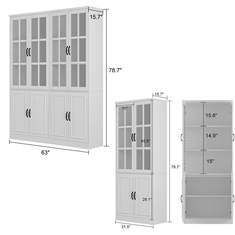 FUFU&GAGA 8-Door White Storage Cabinet Set – Stylish and Spacious Organizing Solution, 2-Piece Wardrobe with Glass Doors and Black Handles, (78.7 in. H x 63 in. W x 15.7 in. D),White