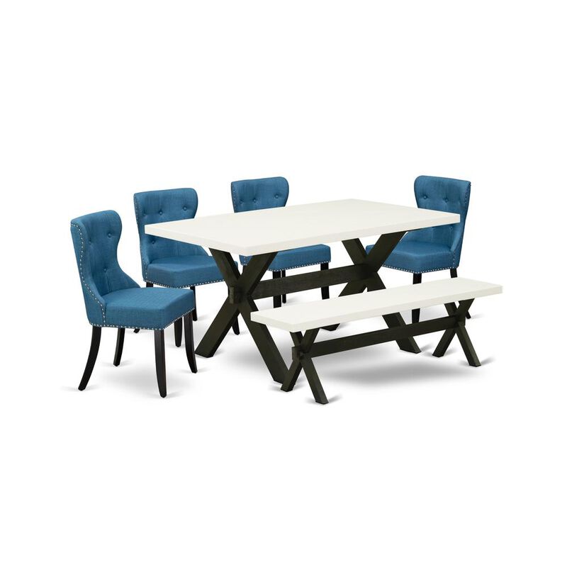 East West Furniture 6-Piece Dining Table Set- 4 Upholstered Dining Chairs with Blue Linen Fabric Seat and Button Tufted Chair Back - Rectangular Top & Wooden Cross Legs Dining Table and Di