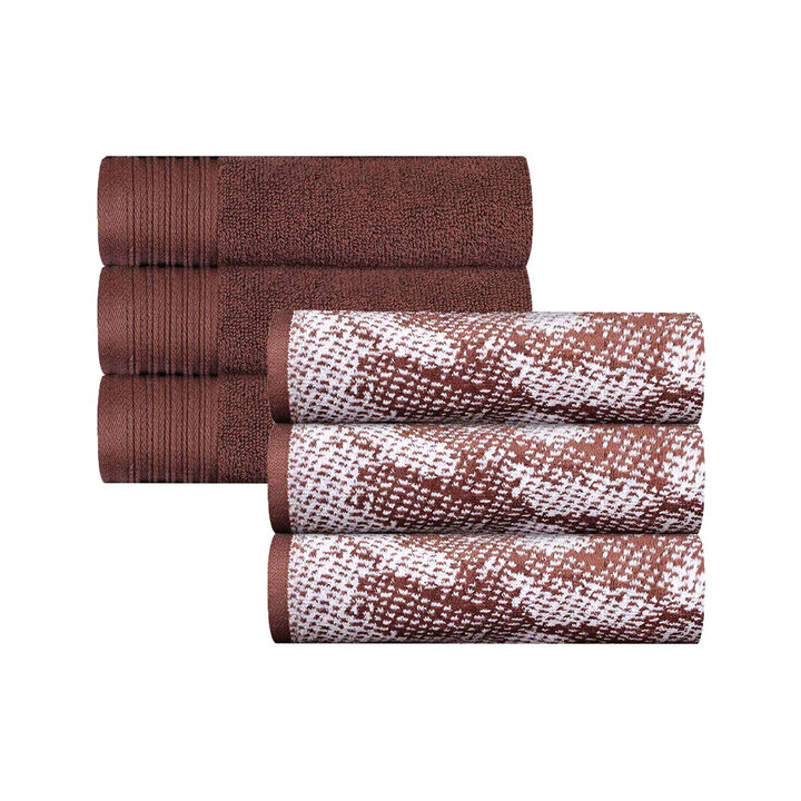 6 Piece Cotton Hand Towel Set with Marble Jacquard and Solid Designs