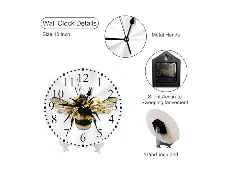 Bee Wings Flowers Yellow Bug Wall Clock 10 Inch Silent Non Ticking Modern image number 2