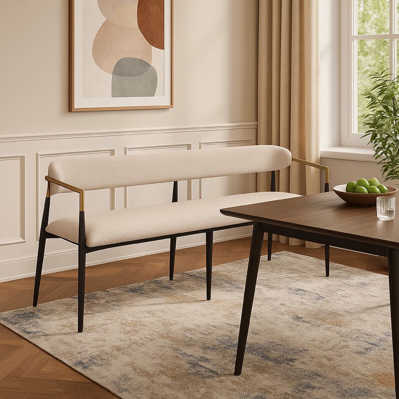 Vonn Dining Bench, Modern 62 Inch Black Metal Frame, Beige Fabric Back - Benzara