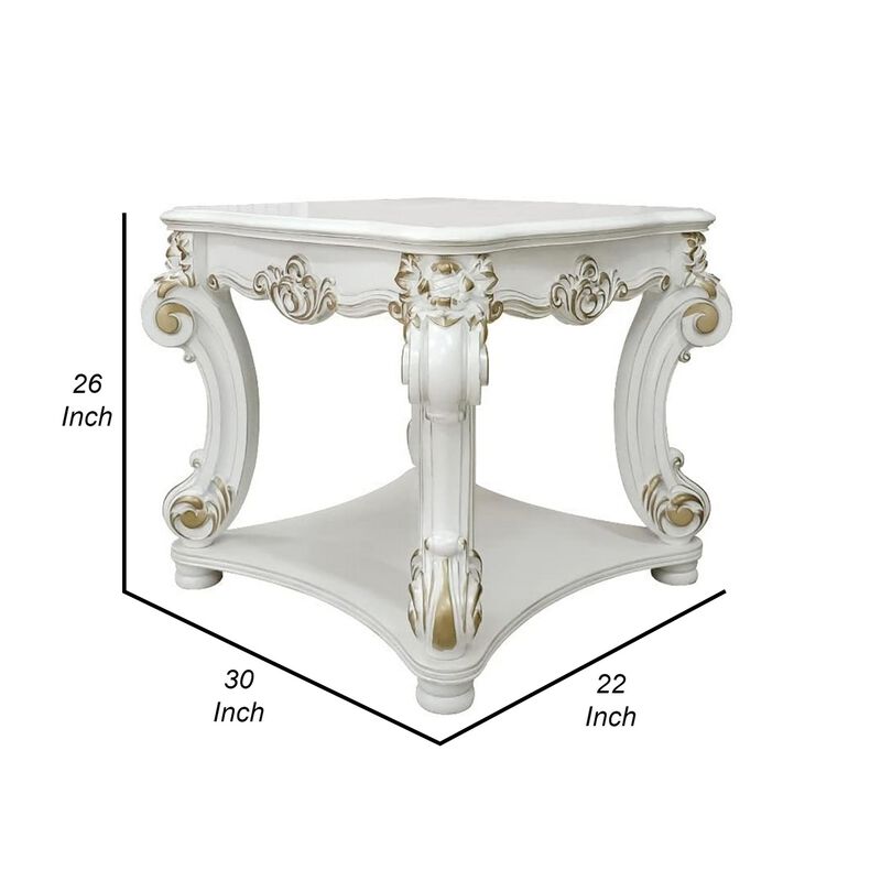 Jess 30 Inch Side End Table, Classic Scrolled Legs, 1 Shelf, Brushed Gold