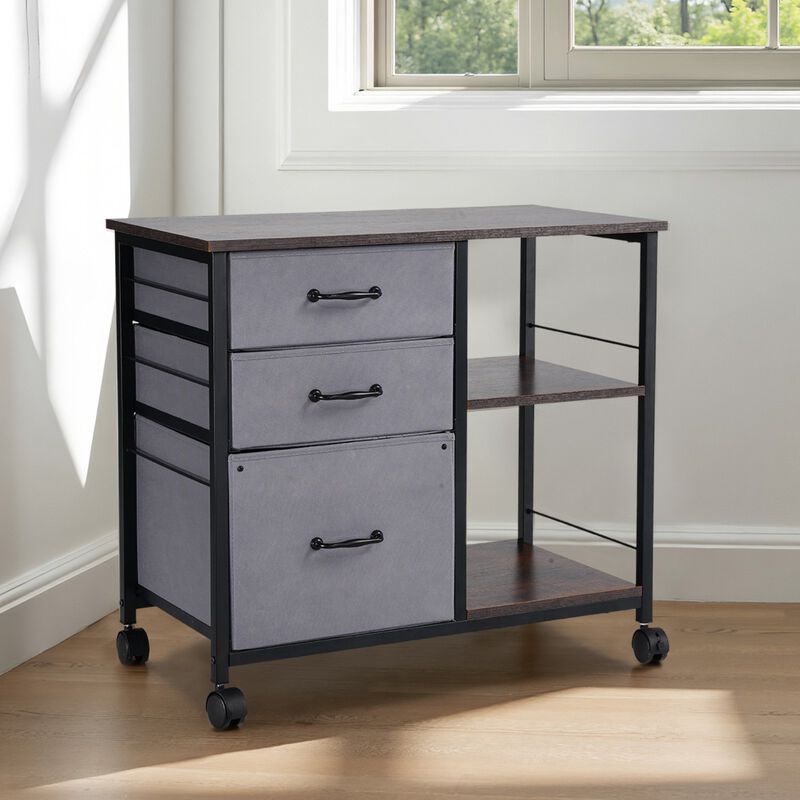 Metal Rolling File Cabinet with Fabric Drawers and Open Shelf Storage