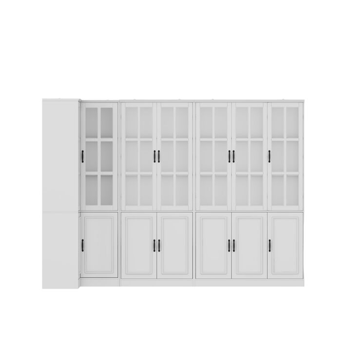 FUFU&GAGA White Corner Storage Cabinet with 4 Cabinets with Glass Doors, P2 Grade MDF/PB Construction, Scratch-Resistant Paint Finish, Space-Saving Organizer (110.2 x 31.5 x 78.7 in)