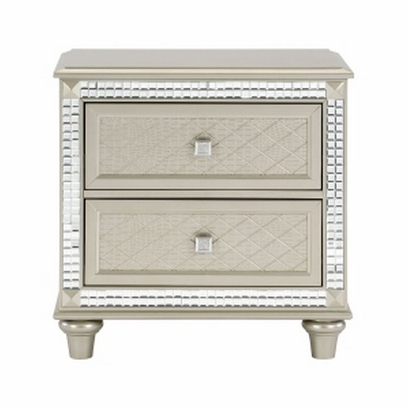 Juhi 29 Inch Nightstand, 2 Drawers, Acrylic Crystal Accents, Silver Trim-Benzara image number 2