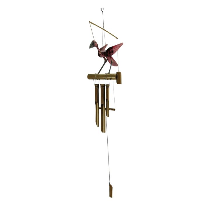 Hand Carved Wood And Bamboo Bobbing Head Pink Flamingo Wind Chime