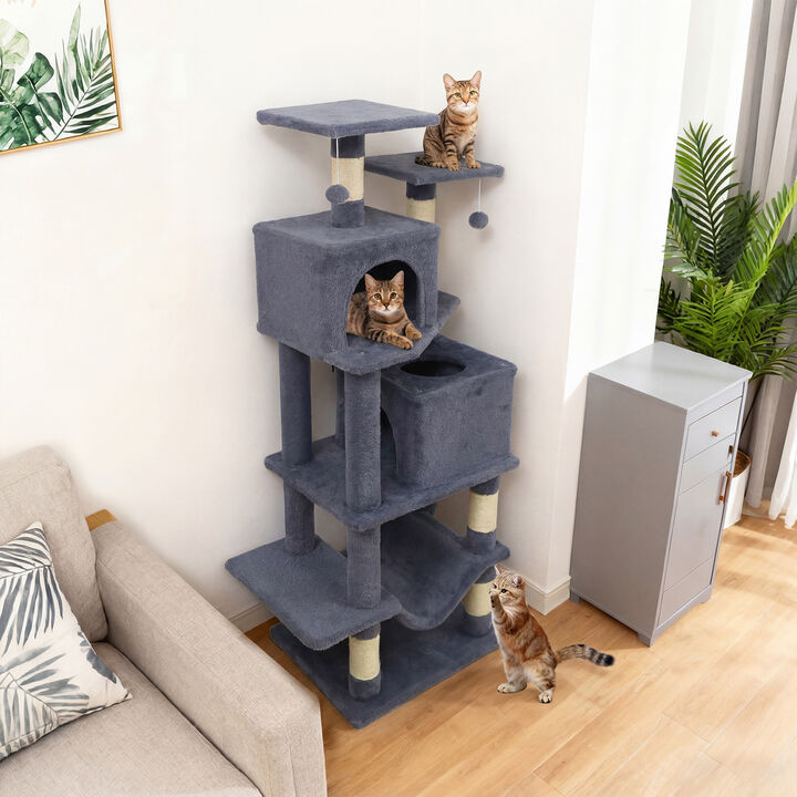 57" Multi-Level Cat Tower with 2 Condos, Hammock, and Dangling Balls