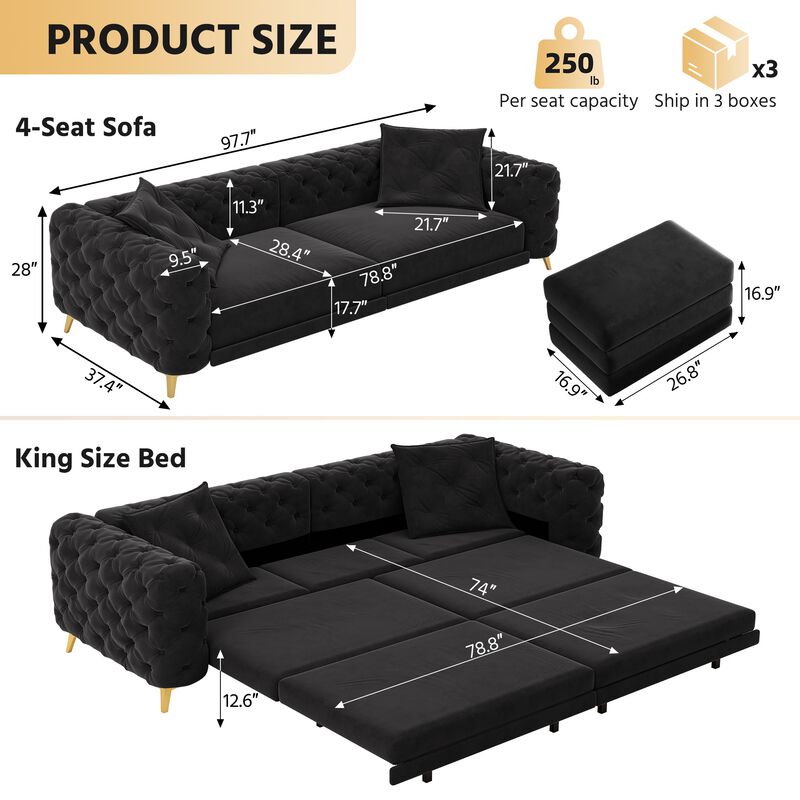 Whisen 97.7" 4-Seat Convertible Sleeper Sofa, Velvet 3-in-1 with Ottoman for Apartment Office image number 9