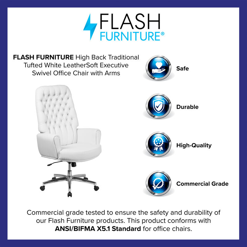 Rochelle High Back Traditional Tufted White LeatherSoft Executive Swivel Office Chair with Arms image number 9