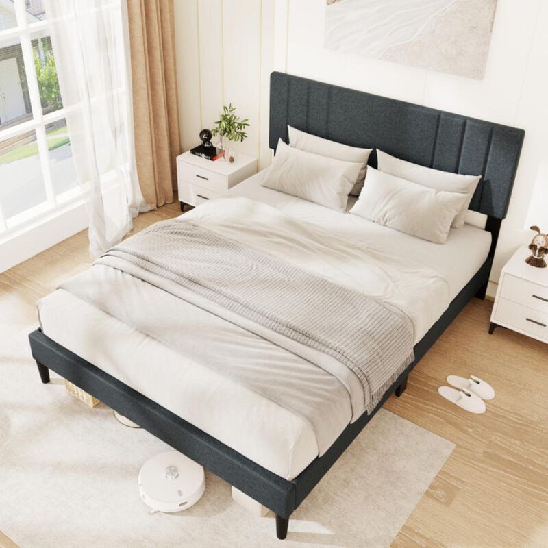 Hivvago Bed Frame with Vertical Channel Tufted Headboard and Wooden Slats-Queen Size