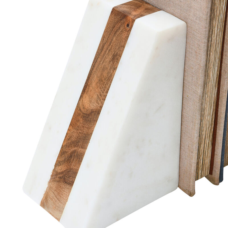 Marble Geometric Bookends with Wood Inlay, White image number 6