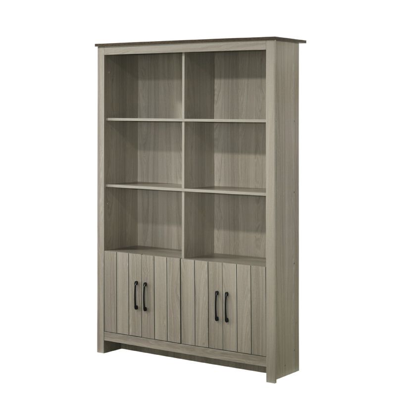 Nena Bookcase with 6 Shelves and 4 Cabinet Doors, Gray Wood 71 Inch - Benzara