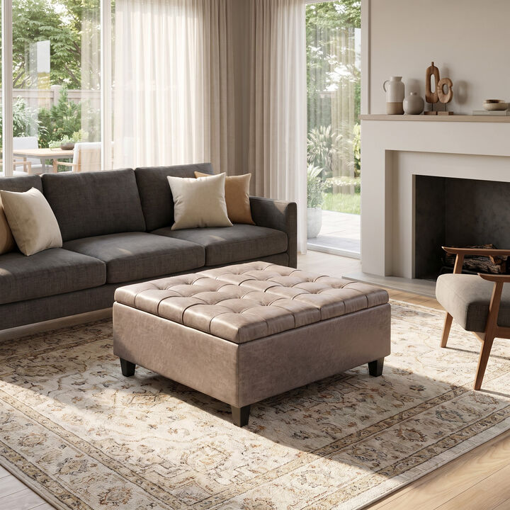 Harrison 36 inch Wide Transitional Square Coffee Table Storage Ottoman in Distressed Grey Taupe Vegan Faux Leather, Assembled