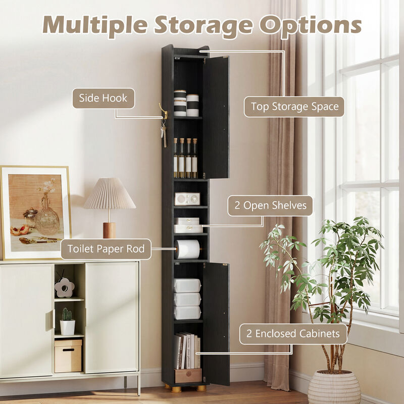 Freestanding Narrow Bathroom Cabinet with Open Shelves and Toilet Paper Holder image number 3