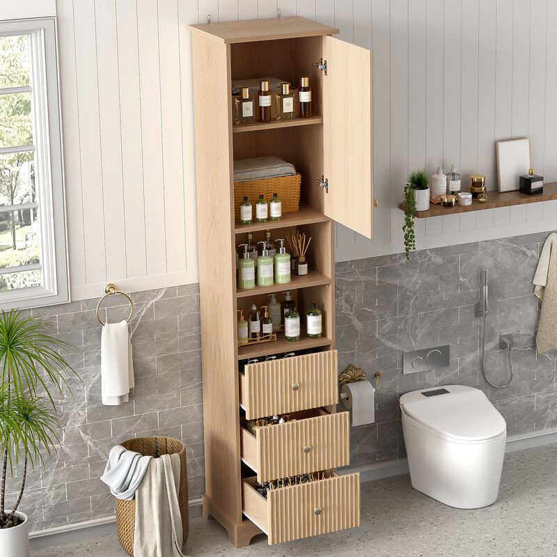 67.7 Inch Tall Freestanding Bathroom Cabinet with Door Adjustable Shelf 3 Drawers and Open Storage Wood Finish with Gold Handles