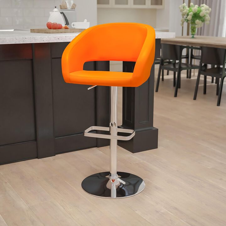 Flash Furniture Erik Comfortable & Stylish Contemporary Barstool with Rounded Mid-Back and Foot Rest, Adjustable Height - Orange Vinyl with Chrome Base