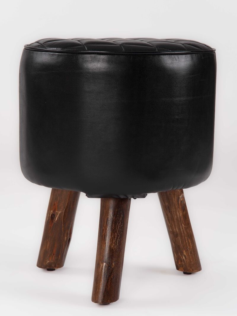 Handmade Eco-Friendly Geometric Buffalo Leather & Wood Black Round Ottomon Stool 18"X14"x14" From BBH Homes