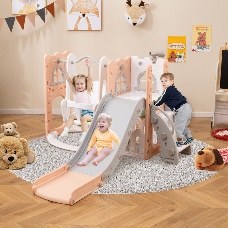 L Shaped 7 in 1 Toddler Swing Set with Slide, Ladder and Basketball Hoop image number 1