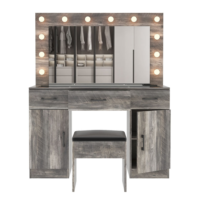Vanity Desk Set with Large Lighted Mirror – Elegant Makeup Table with LED Mirror, Stool, and Storage Drawers