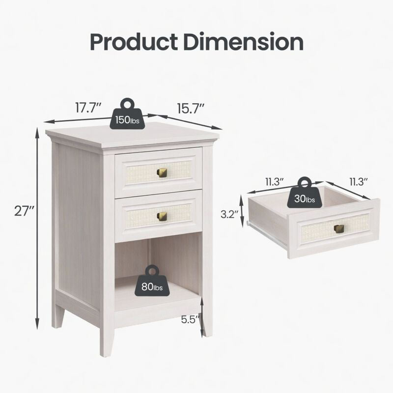 17.7" Assembled Rattan Nightstand 2-Drawer Shelf Boho image number 4