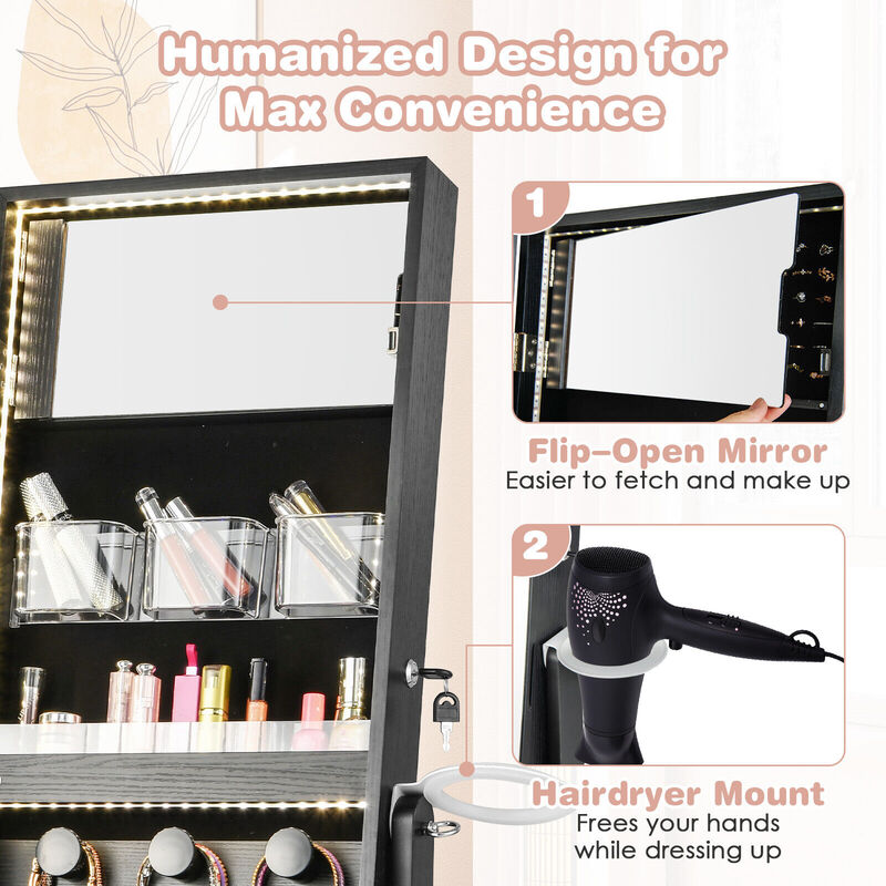 Freestanding Jewelry Cabinet with Full Length Mirror-Black