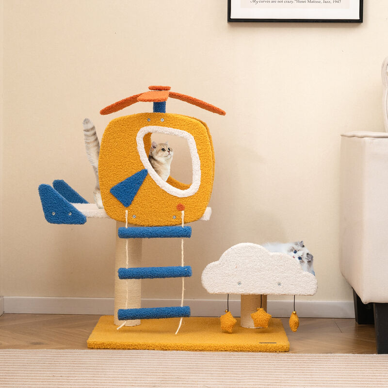 Indoor Small Aviation-themed Cat Tree Cat Tower with Helicopter Top Perch