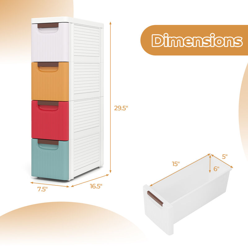 Narrow 4-Drawer Storage Cabinet on Wheels for Small Spaces-Multi Color image number 2