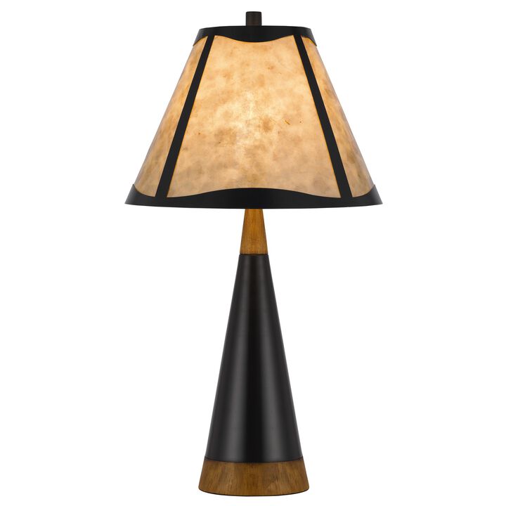 30 Inch 3 Way Table Lamp, Beige Mica Shade, Rubberwood and Black Metal Body - Benzara