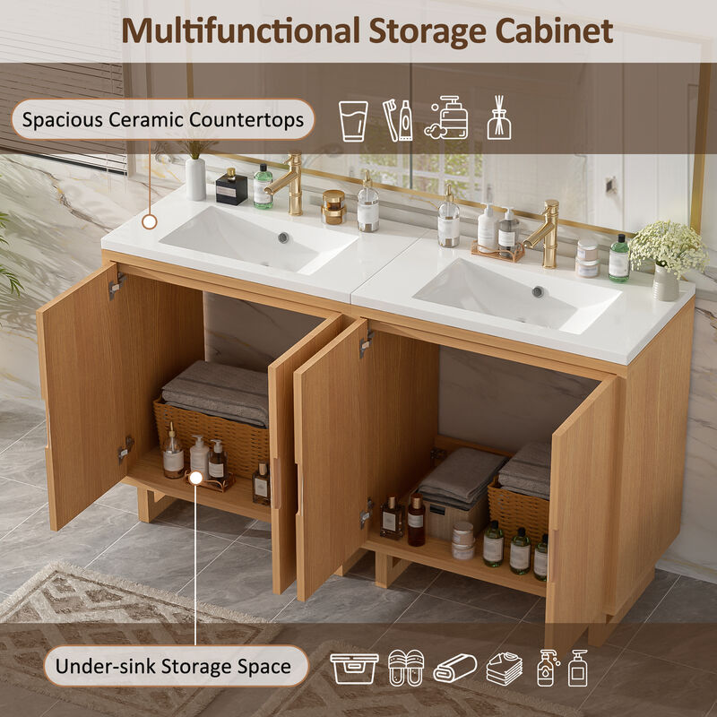 Whisen 60.2" Bathroom vanity Set with Sink, Combo Cabinet, Bathroom Storage Cabinet, Solid Wood Frame