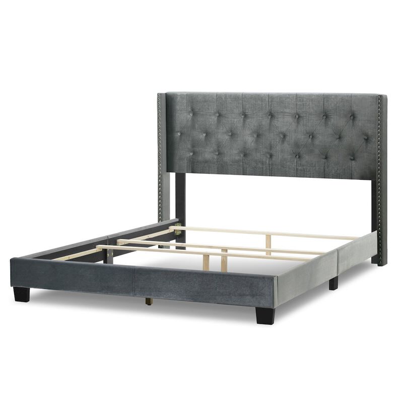 Glamour Home Asali Silver Gray Velvet Queen Bed with Button Tufting and Nail Headed Wings