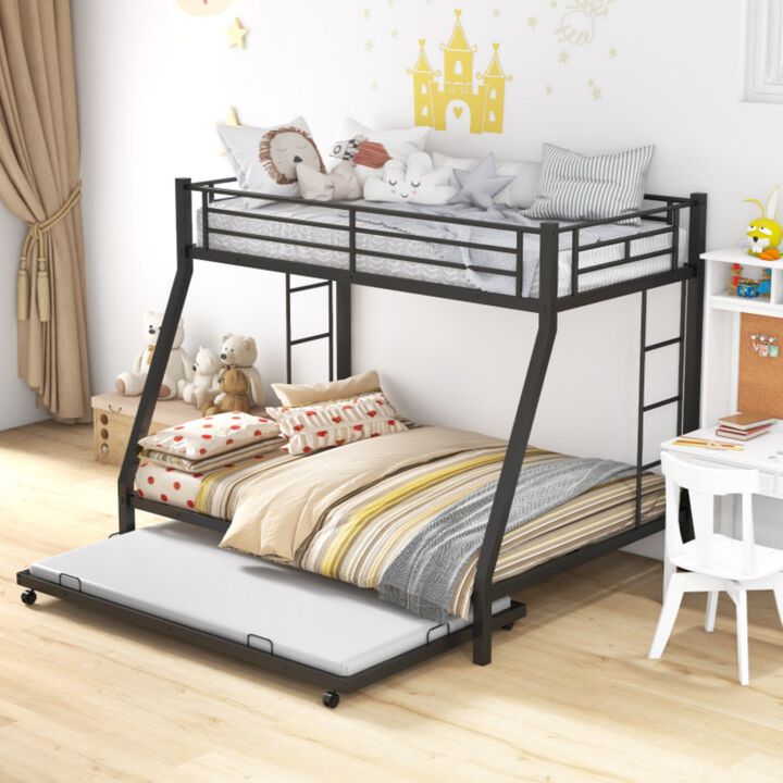 Twin Over Full Bunk Bed Frame with Trundle for Guest Room