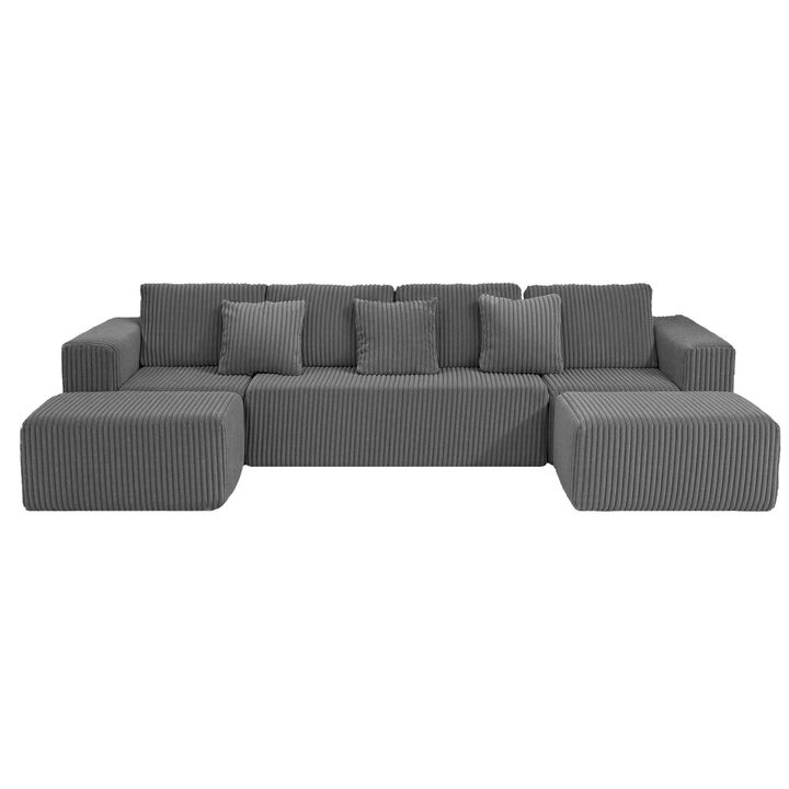 Merax Oversized Modular U-Shaped Corduroy Sofa with Striped Fabric Flexible Configurations